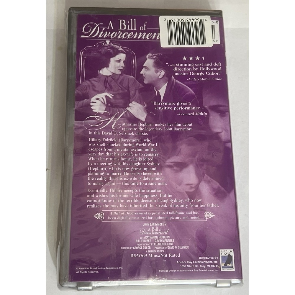 A Bill of Divorcement (VHS, 2000) Sealed | Katharine Hepburn John Barrymore 1932 - Picture 2 of 4